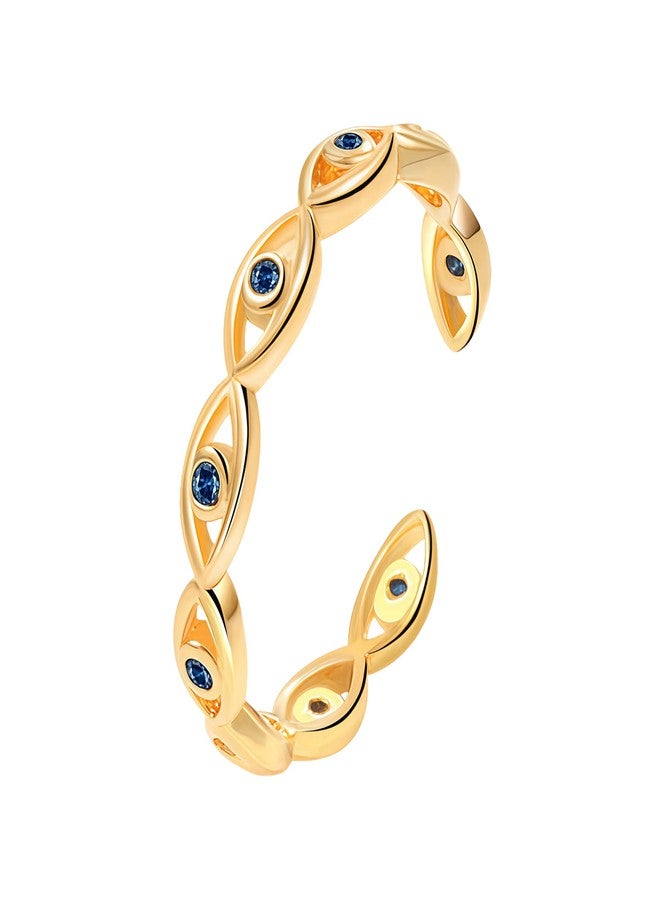 BlingNook Evil Eye Ring For Women, Cubic Zirconia Gold Stainless Steel Ring Green White Eyes Boho Adjustable Trendy Gold Plated Open Birthday Stackable Jewelry Gift (Gold Blue) - Image 1